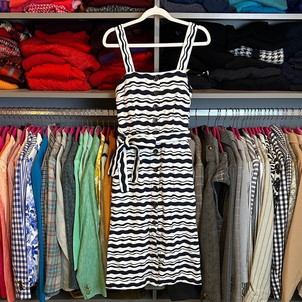 Ann Taylor navy/white striped sleeveless belted lined 2 pocket dress size XS